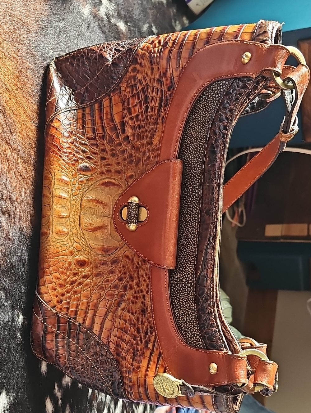 Cognac Croc-Embossed Shoulder Bag with Gold-Tone Turn Lock